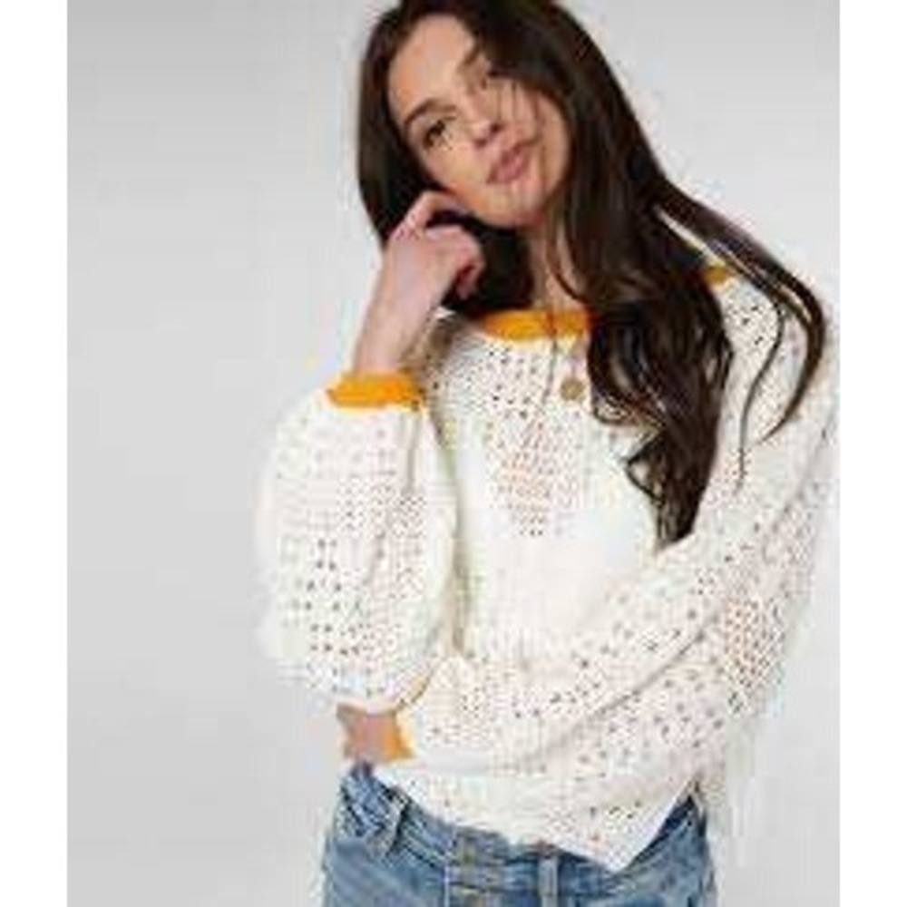 Free People Crochet Knit Ringer Sweater Ivory White Mustard Yellow Boho size S P